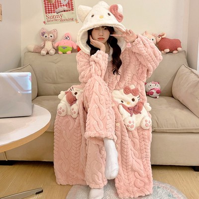2025新款珊瑚绒连帽睡袍女士春秋冬季新款加绒加厚保暖睡衣家居服