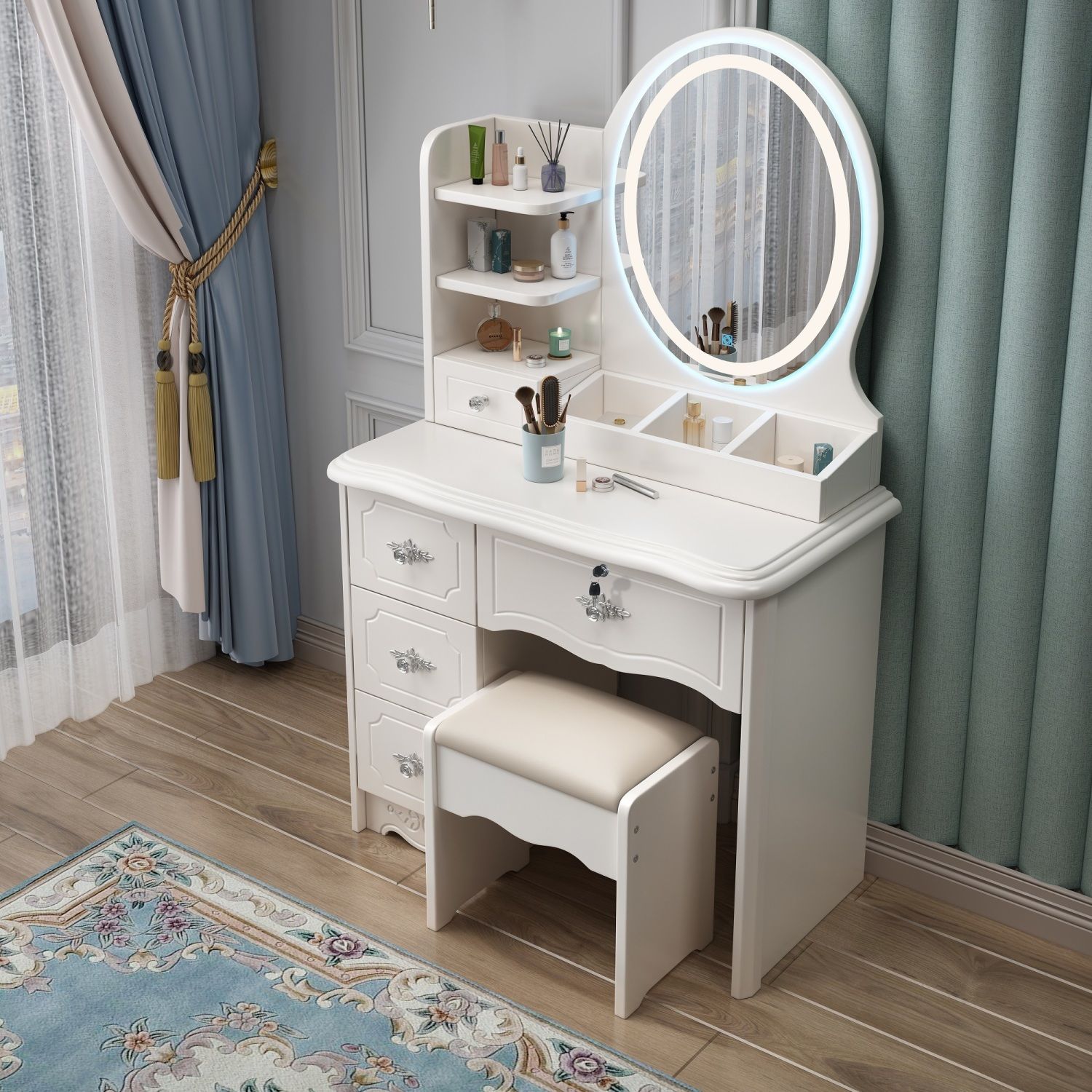 卧室欧式梳妆台烤漆收纳柜一体化妆台现代简约公主奢华网红ins风