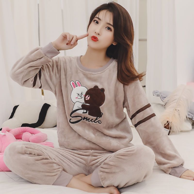 珊瑚绒睡衣女中厚冬款女士睡衣春秋款毛毛法兰绒家居服套装外穿