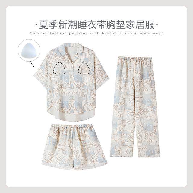 栗茵夏款泡泡绵女士翻领流苏睡衣夏季短袖长裤可外出家居服三件套