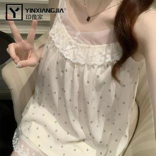 印像家夏季 新款 睡衣女蕾丝v领吊带短裤 固定胸垫甜美家居服套装