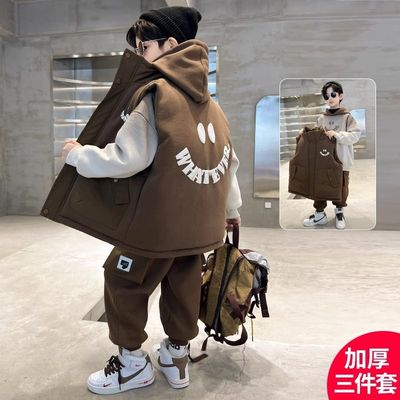 男童加绒加厚套装2025冬季新款儿童一体绒卫衣三件套冬装保暖运动