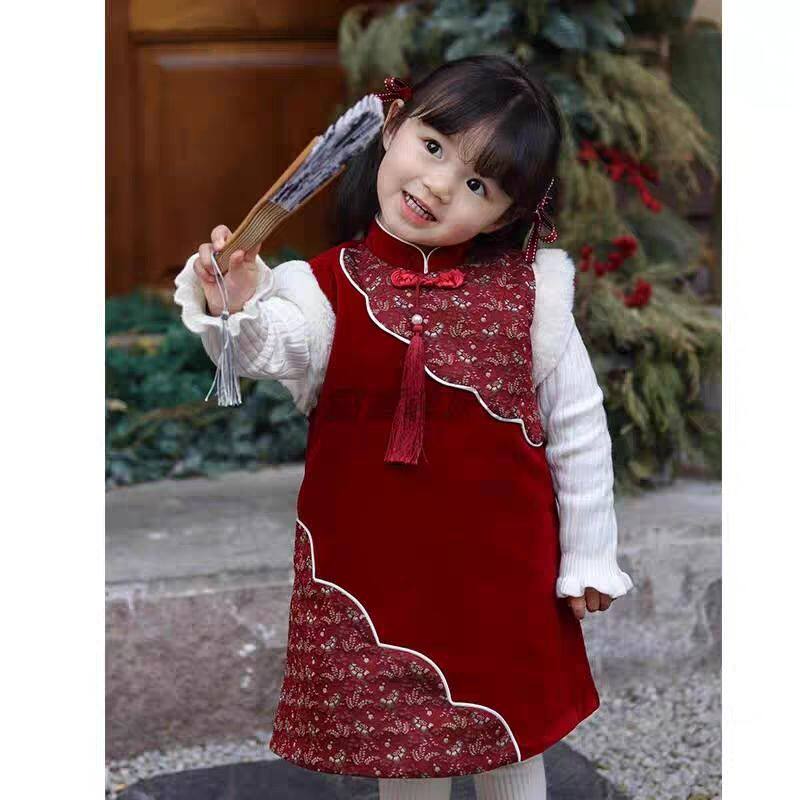 女童国风拜年服连衣裙秋冬2024新款儿童新中式丝绒夹棉背心旗袍裙