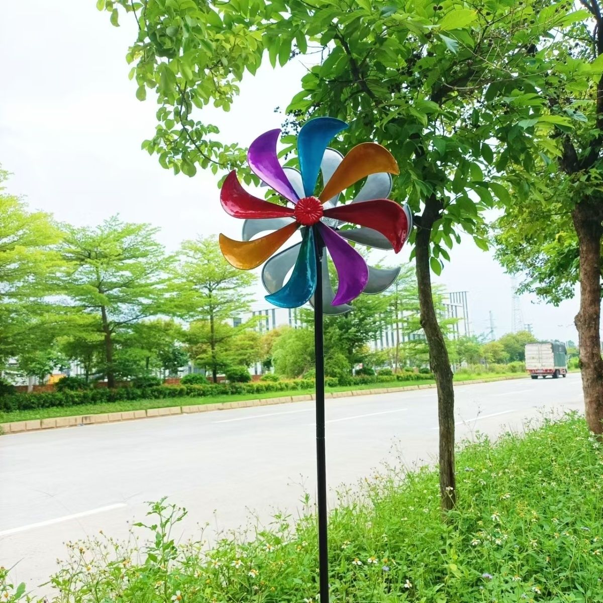 招财进宝小风车新款太阳能大风车户外花园金属铁艺风车摆件风车旋