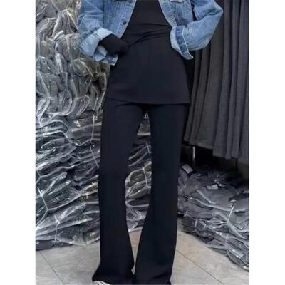 大码韩版假两件屁帘微喇叭裤女2025夏季时尚胖mm显瘦百搭阔腿裤潮