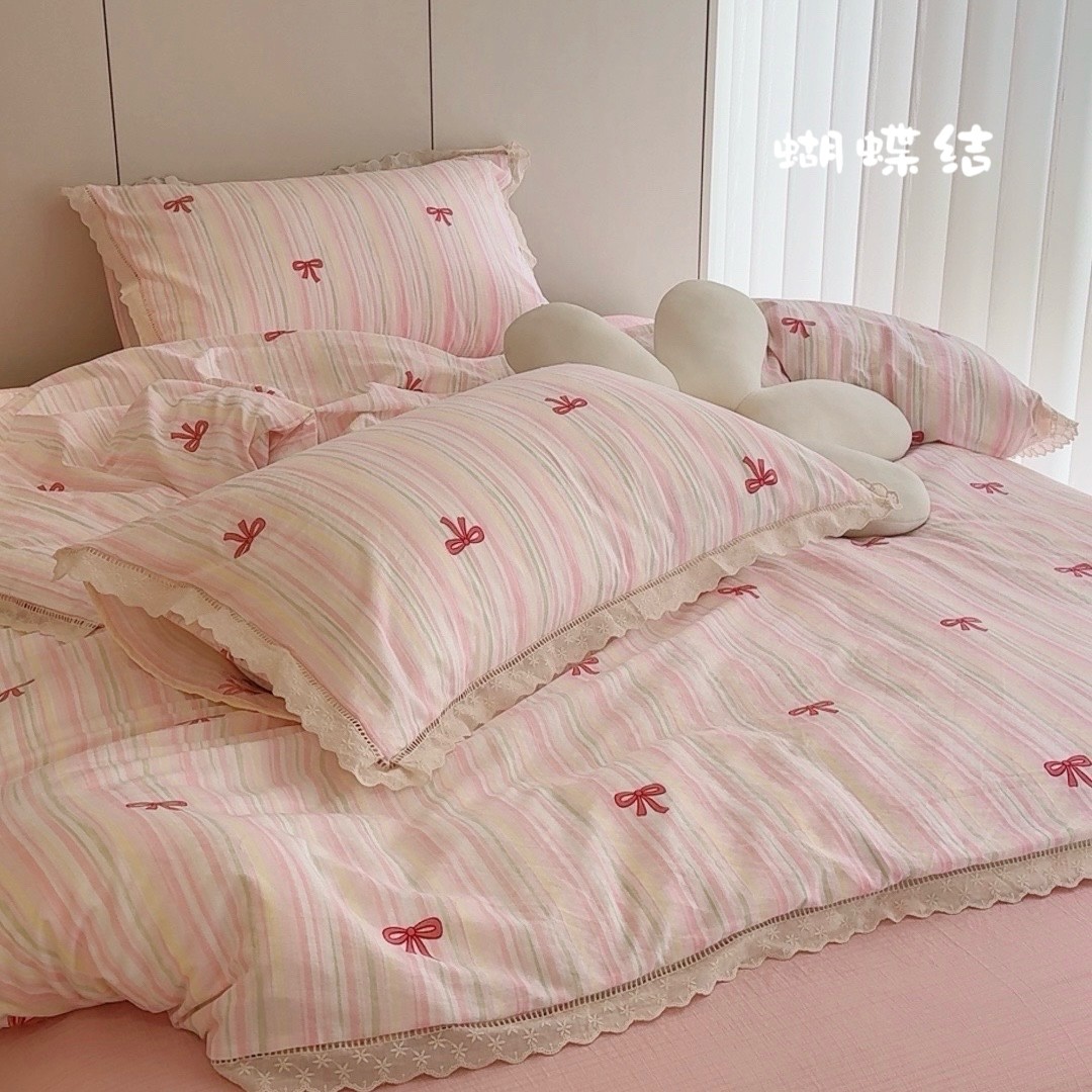 糖朵-春夏皱皱纱双层纱花边床上四件套被套床单韩版套件床上用品