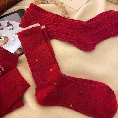 复古红袜子秋冬情侣男女本命年新娘长袜喜袜结婚红色中筒袜uk22