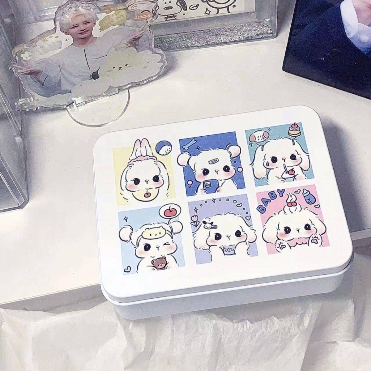 萌萌小羊六宫格铁盒ins奶油风小卡贴纸收纳盒学生手账素材收纳盒