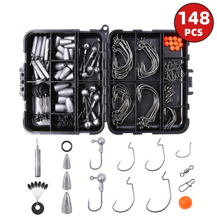 跨境148件钓鱼配件套装路亚海钓倒钓矶钓套装和铅头钩曲柄钩铅坠