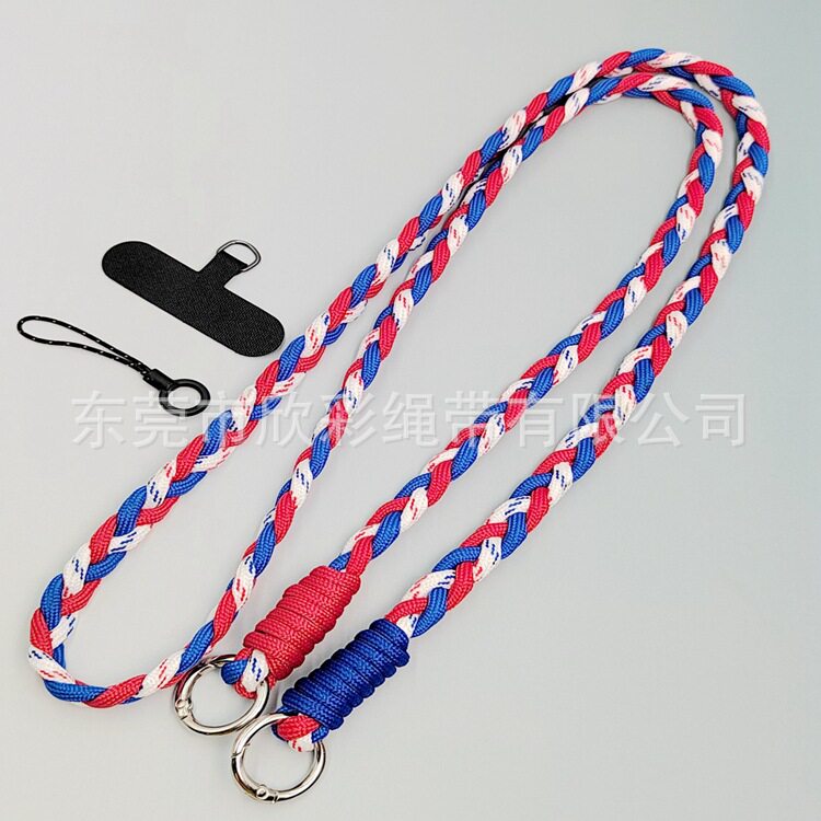 跨境麻花编织手机挂绳彩色长款三股麻绳斜挎包吊绳水壶绳子可背