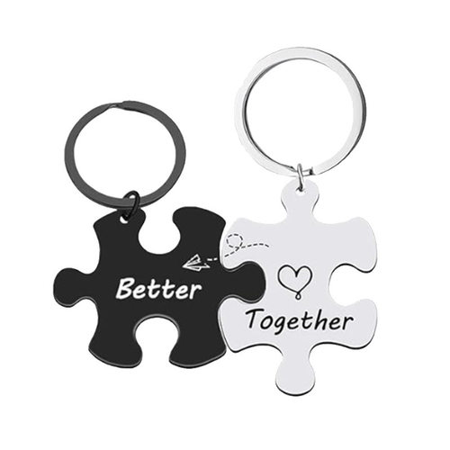 跨境热销不锈钢钥匙扣 Better Together黑白拼图钥匙扣情侣礼物