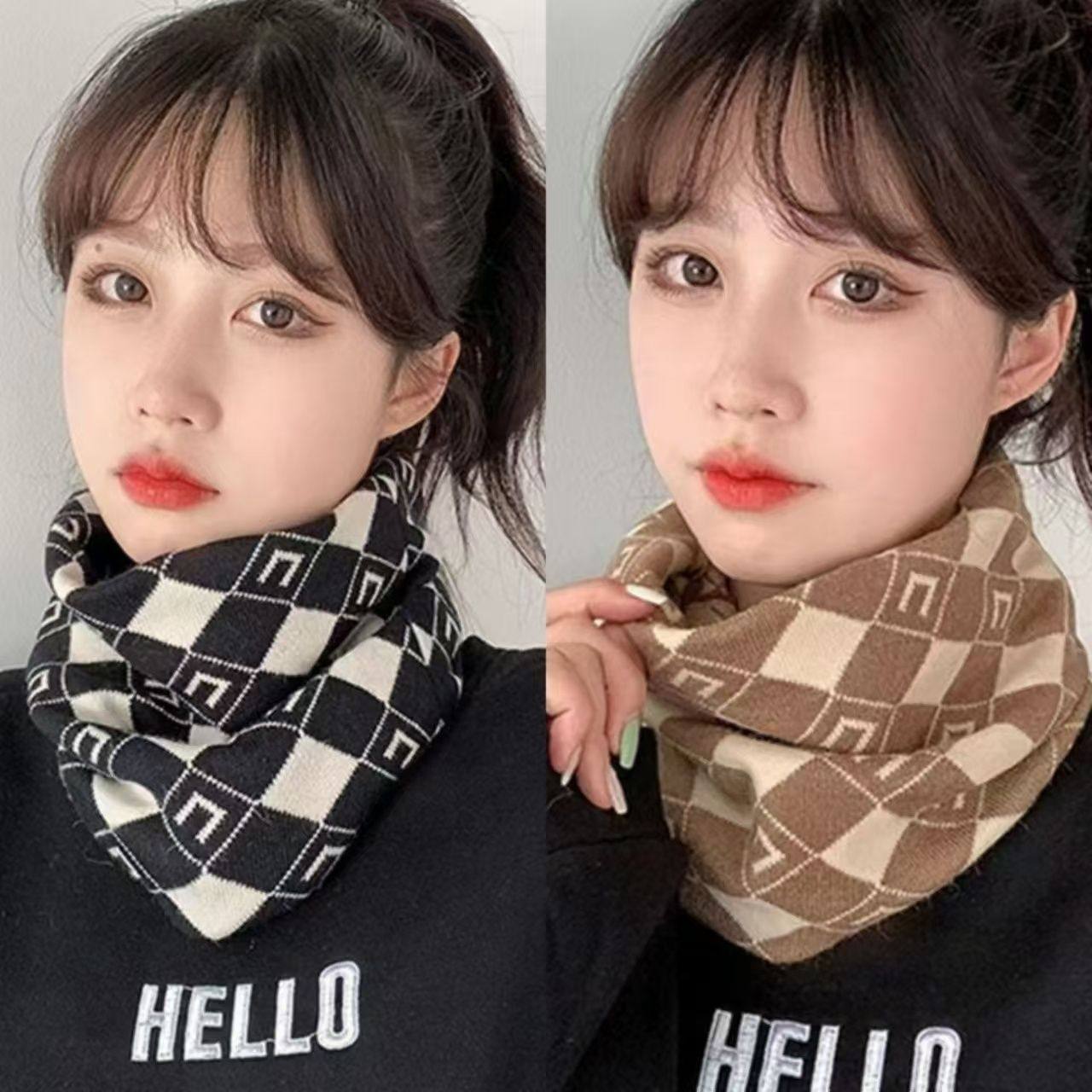 新款千鸟格针织面罩秋冬韩版百搭防风保暖多功能围脖护颈脖套围巾
