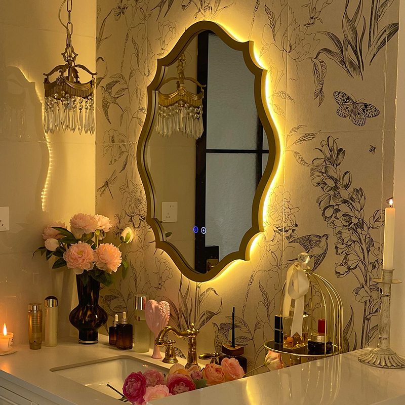 法式椭圆木制智能带灯LED壁挂镜