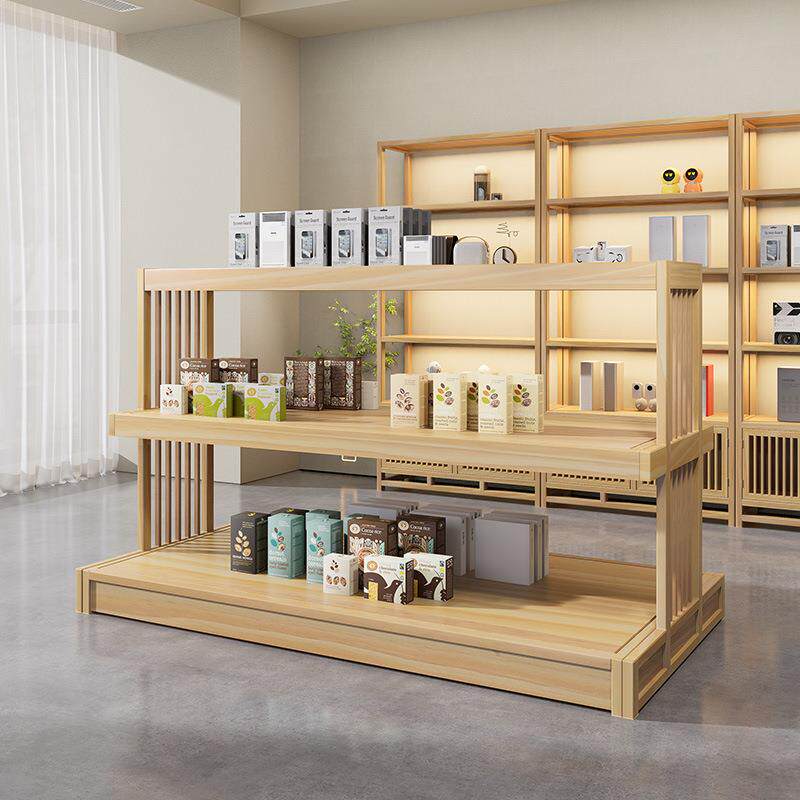 原木展示架带LED灯精品产品陈列卖场堆头百货超市简易展示柜实木