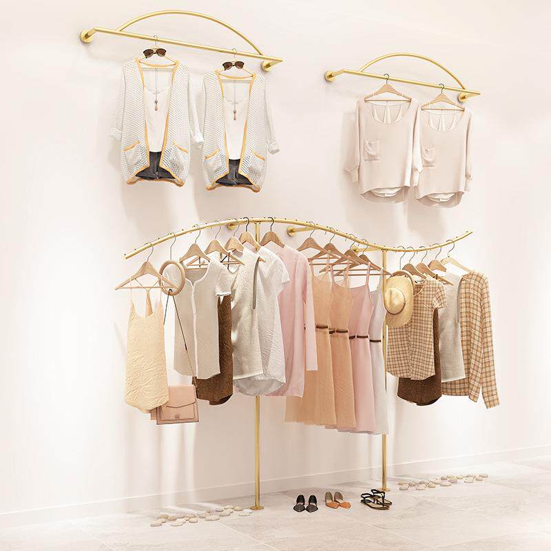 服装店展示架落地式铁艺金色挂衣杆女装店货架上墙壁挂创意陈列架