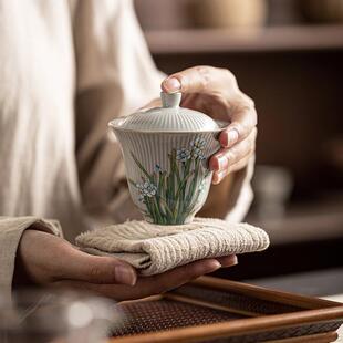 明泉茶斋手绘水仙盖碗茶杯复古陶瓷竖纹不烫手泡茶碗单手抓茶碗