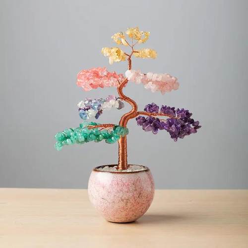 天然水晶七彩碎石摇钱树手工编织水晶发财树办公室桌面装饰摆件