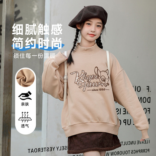 女童卫衣加绒加厚秋冬装中大儿童初中生半高领套头针织学生上衣潮