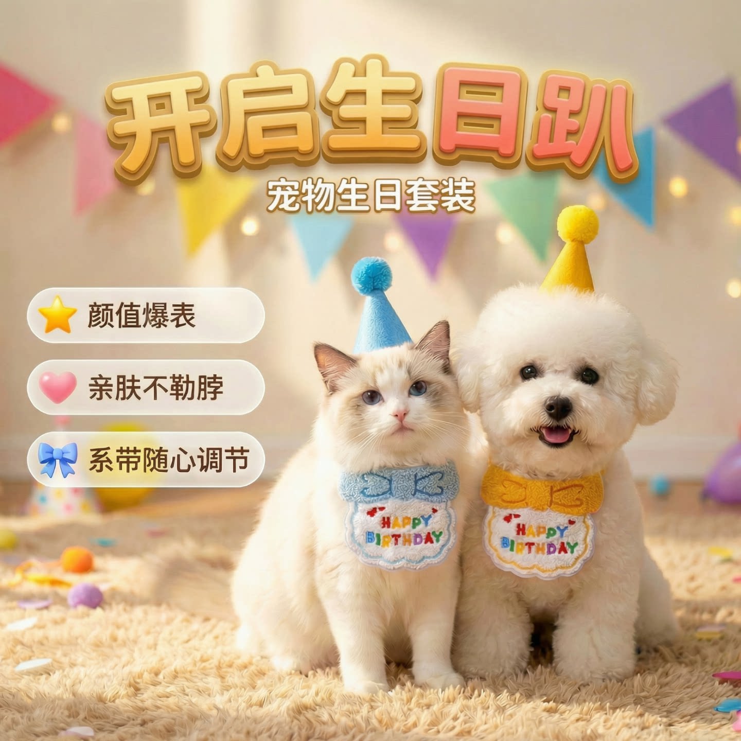 猫咪狗狗生日帽套装口水巾套装