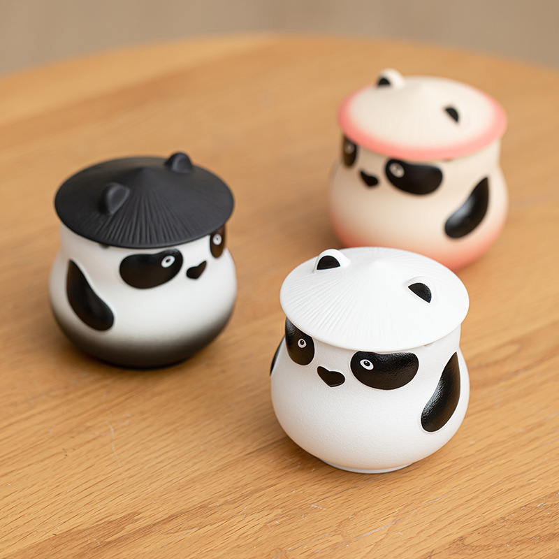 乐宝熊猫烟灰缸礼盒装家用创意萌宠带盖烟缸办公室陶瓷烟盅摆件