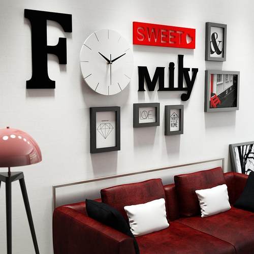 实木_6481_简约实木照片墙现代装饰画组合相框能换照片family钟表