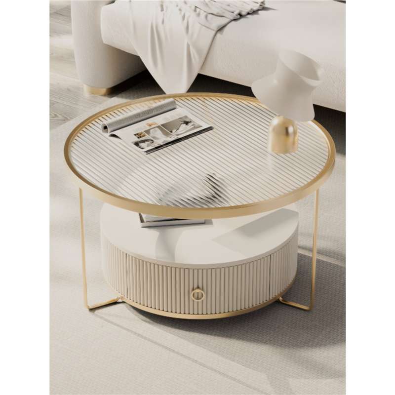 奶油风格家用客厅岩板圆形钢化玻璃茶几简约设计带收纳空间小户型