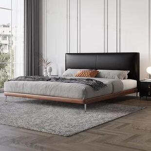 极简黑色复古豆腐块真皮床意式主卧大黑牛白蜡木实木软包双人床