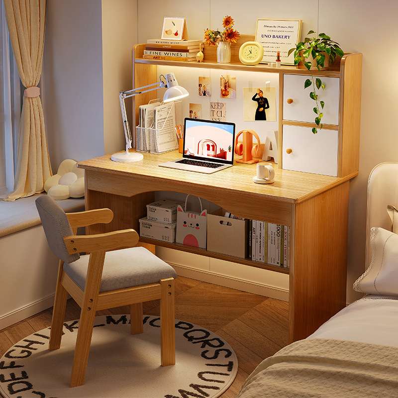 桌书架一体小型电脑桌子台式简易书桌现代学生家用卧室学习写字桌