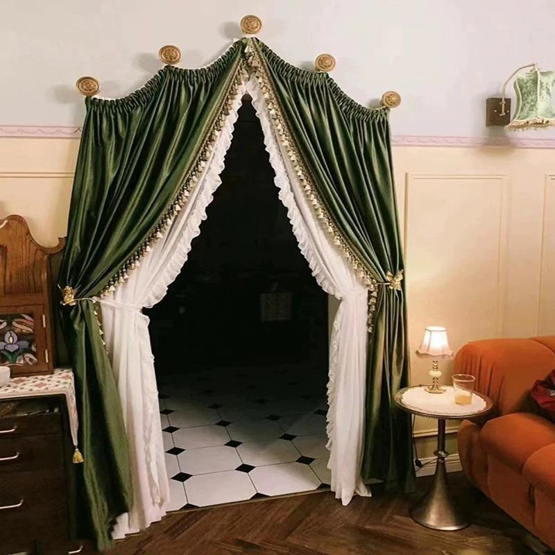 法式穹顶式澳洲丝绒门帘复古美式短帘落地帘小窗户帘窗帘窗纱