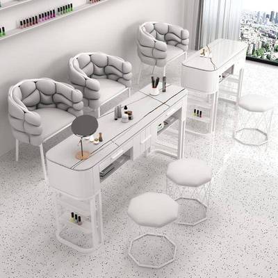奶油风美甲桌椅套装组合大理石单人双人美甲台日式美甲店