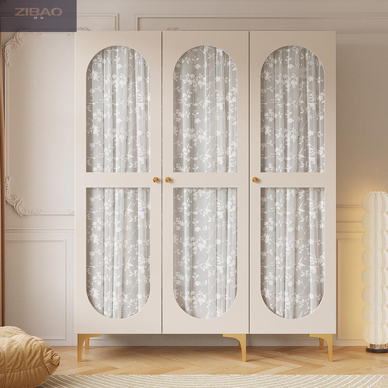 梓宝法式复古奶油风板式衣柜小户型家用卧室简约现代轻奢玻璃门柜