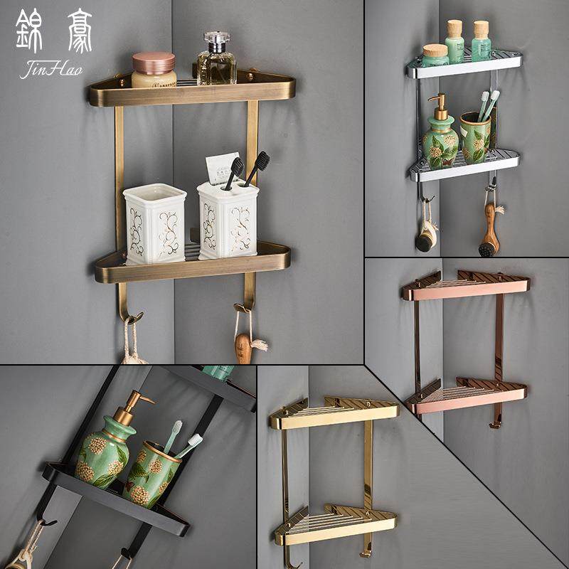 全铜仿古浴室三角篮欧式复古双层置物架纯铜墙角收纳架黑色壁挂