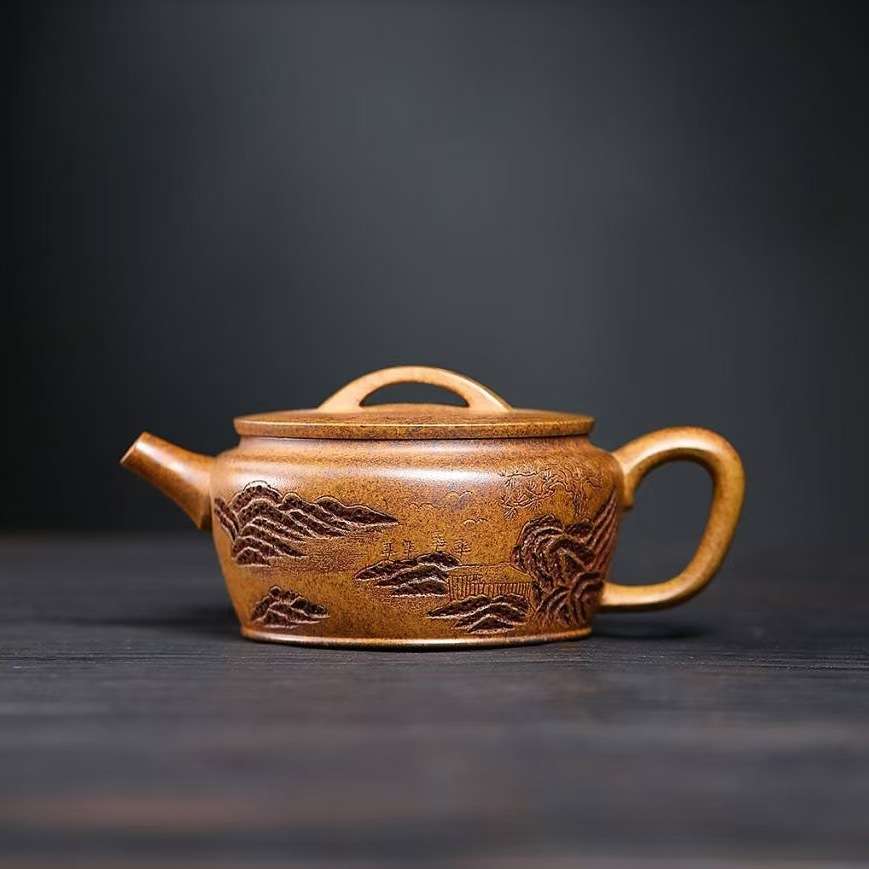 天际手工刻画柴烧茶壶宜兴紫砂壶工堂直播供头茶具
