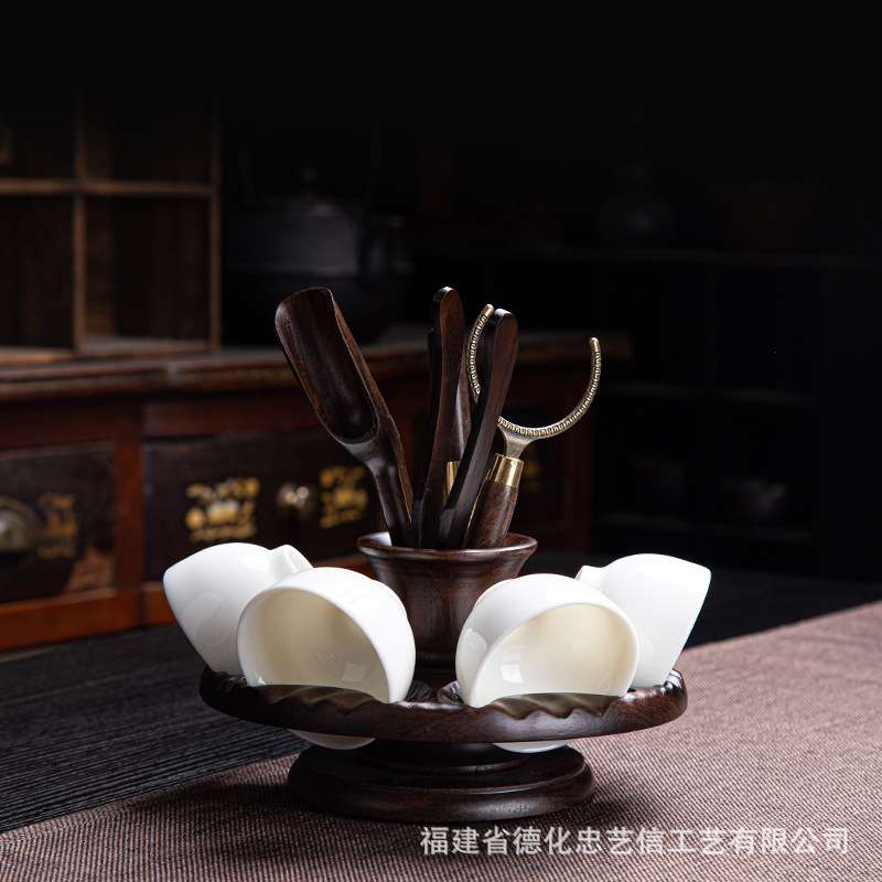 旋转杯架茶道六君子实木套装 黑檀鸡翅木茶杯搁置台 茶具茶艺配件