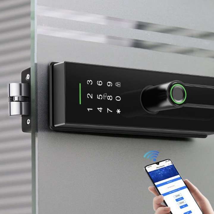 办公室玻璃门指纹锁隔断间无框大双开门密码锁铝合金材质电子锁