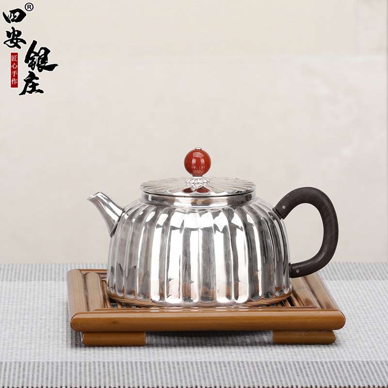 典工堂银茶壶超轻银红钮扁竖纹泡茶壶纯手工家用冲泡壶功夫小茶壶