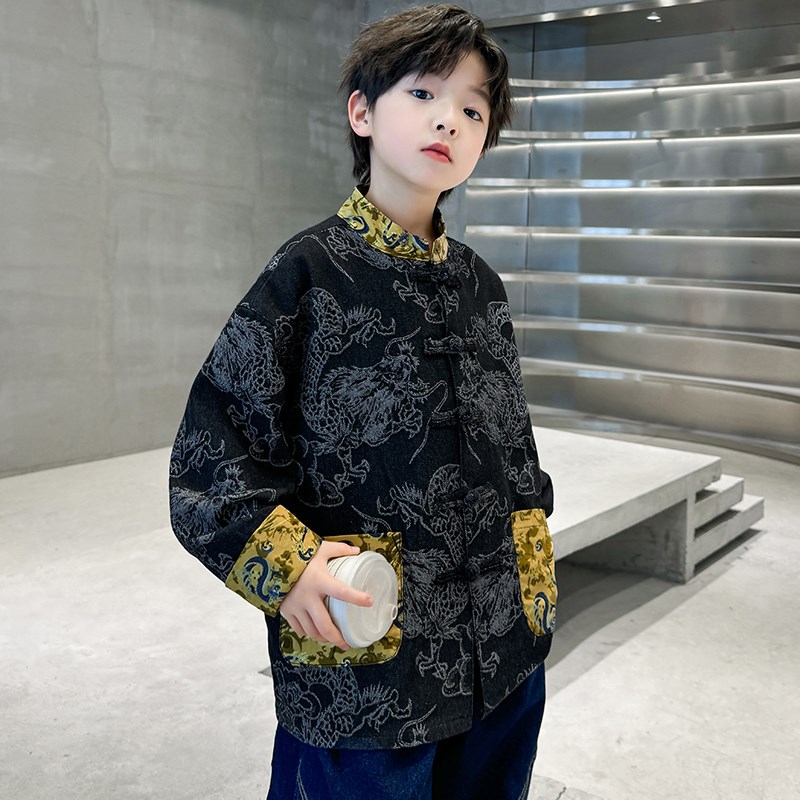 男童唐装国风牛仔外套春秋新款儿童新中式汉服上衣大童男孩秋装潮