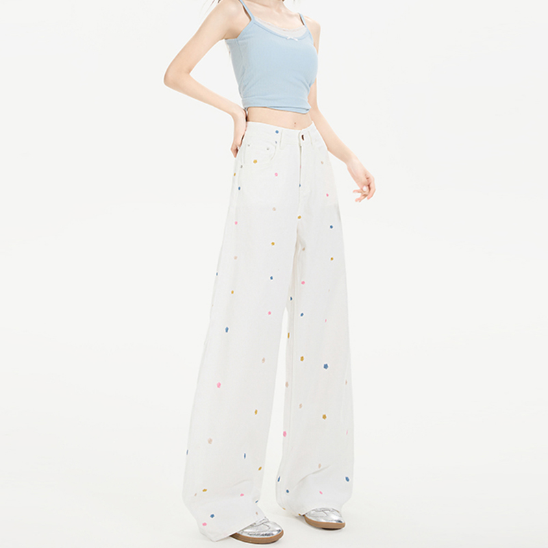 小花刺绣高腰阔腿牛仔裤女