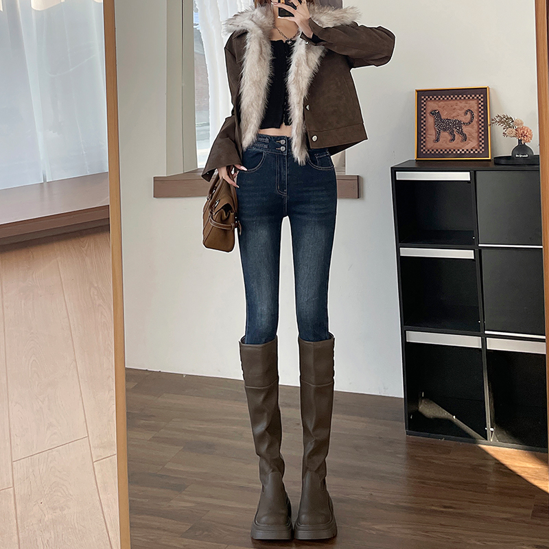 辣妹高腰紧身牛仔裤女