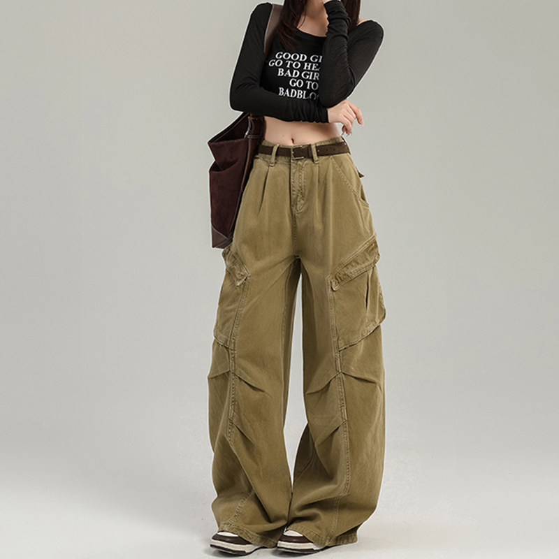 卡其色美式阔腿工装牛仔裤女