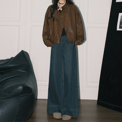 垂感加绒高腰阔腿牛仔裤女