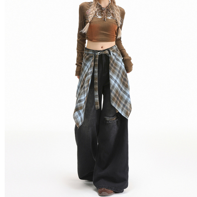 美式辣妹黑色屁帘牛仔阔腿裤女