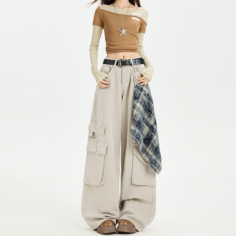 美式格子拼接牛仔工装裤女