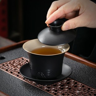 家用客厅喝茶防烫提梁茶壶茶杯轻奢中式 山行黑陶功夫茶具套装