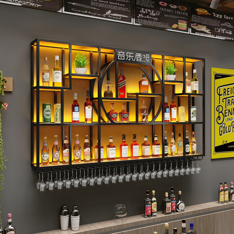 吧台酒柜靠墙壁挂式置物架工业风酒吧铁艺展示架定制餐厅红酒架子图片