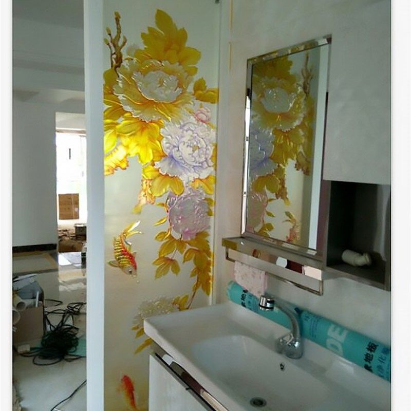 定制中式隔断玄关屏风钢化透光双面雕刻工艺术玻璃鱼牡丹富贵有余