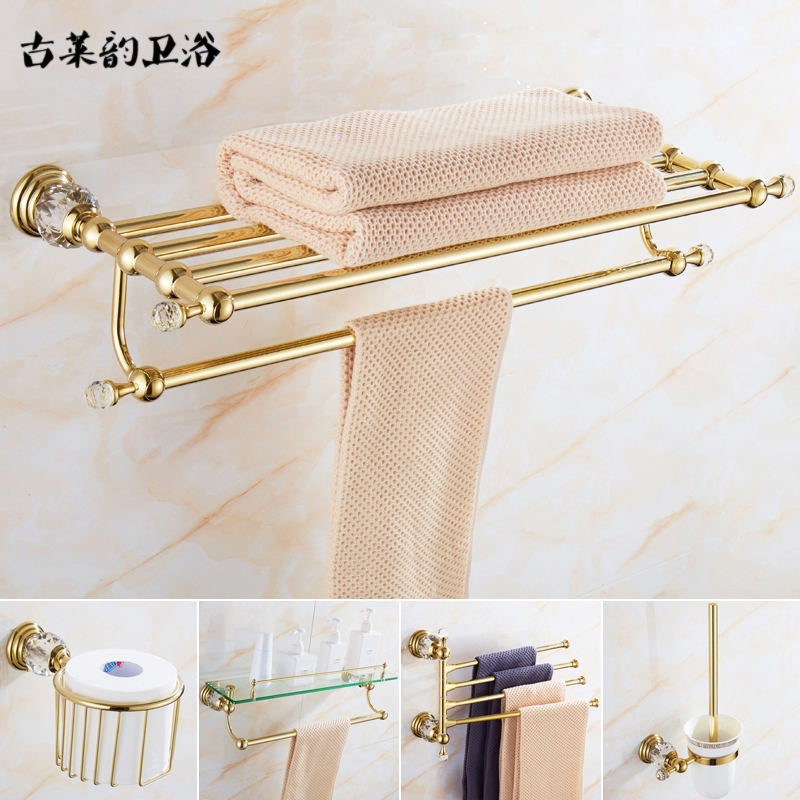 欧式水晶毛巾架套装金色卫生间置物浴巾架不锈钢卫浴五金套件挂件
