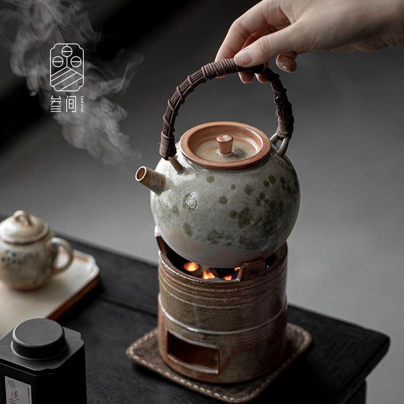 叁间水墨柴烧围炉煮茶复古窑变手工藤编提梁壶陶瓷大号烧水壶炭炉