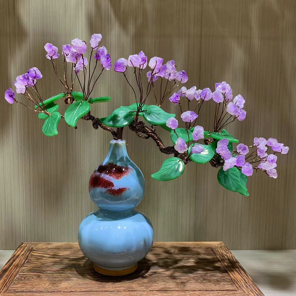 天然紫水晶葫芦陶瓷盆招财树水晶树聚宝盆家居花艺新中式摆件装饰