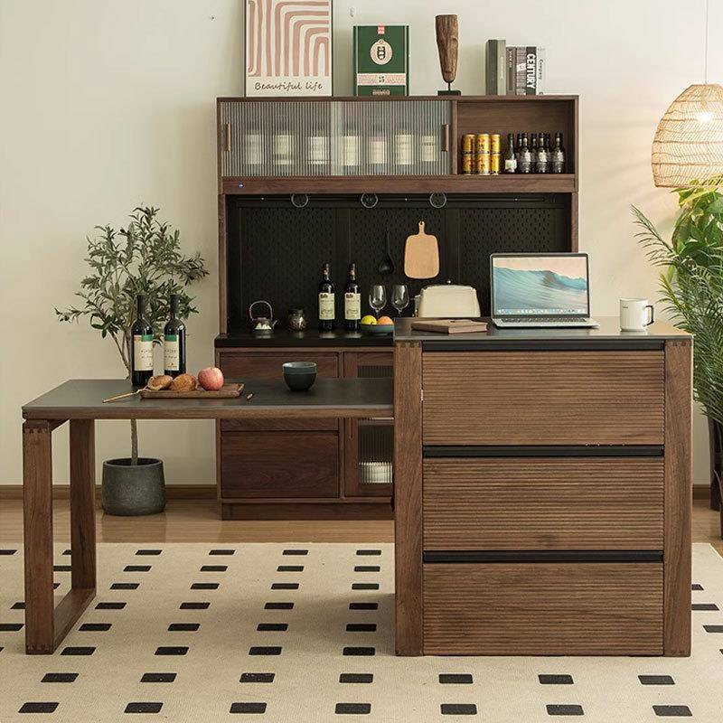 北美黑胡桃实木家用岛台餐桌一体可伸缩小户型厨房餐厅单独储物柜